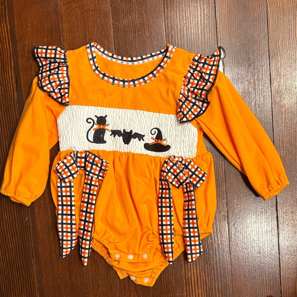 Orange Baby Romper with Cat Design